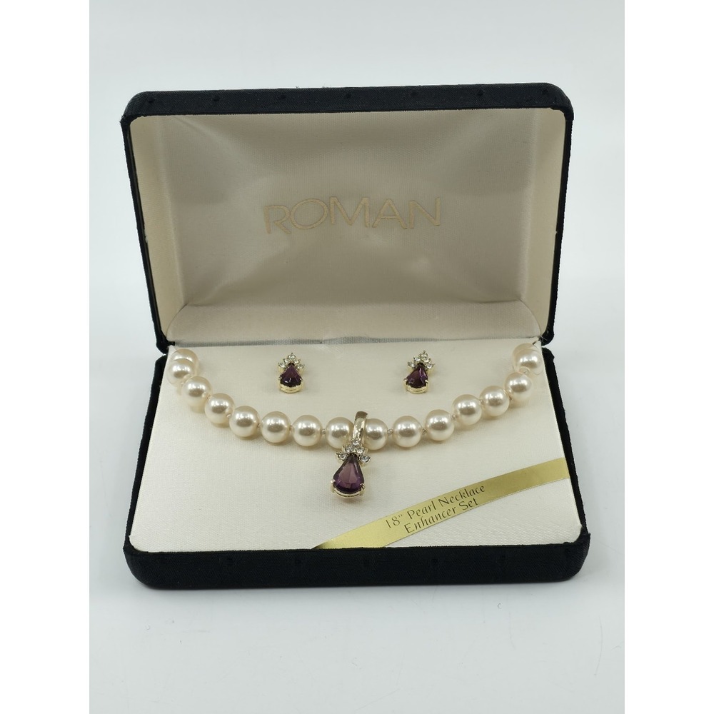 Roman 18" Simulated Pearl Necklace Enhancer Set Purple Glass Teardrop‎ Earrings